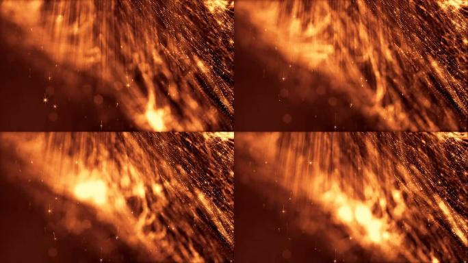 黄金无缝抽象背景与粒子。具有景深，辉光火花和数字元素的虚拟空间。粒子形成线条，表面。用于平视显示器或