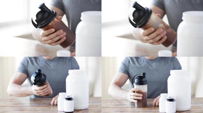健身追踪器中的男人，用罐子和瓶子准备蛋白质奶昔
