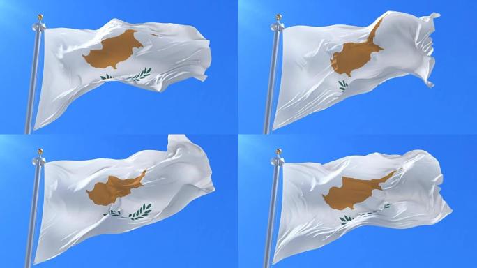 塞浦路斯国旗在蓝天下挥舞，循环