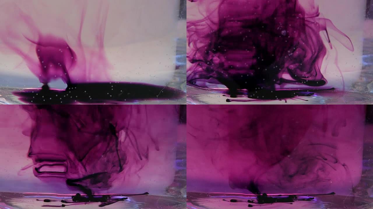 高锰酸钾的紫色晶体溶解在水的漩涡中