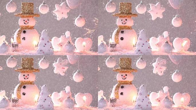 新年或圣诞节假期国际的雪地上的雪人。在快乐的时光里，雪随着火的闪闪发光而落下。