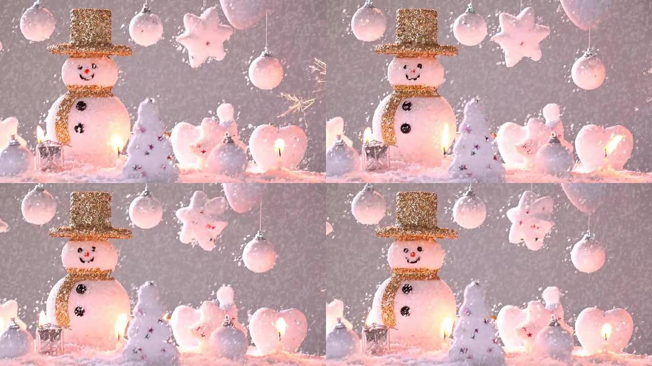 新年或圣诞节假期国际的雪地上的雪人。在快乐的时光里，雪随着火的闪闪发光而落下。