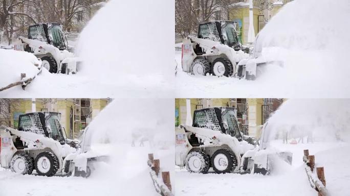 除雪车。城市公园降雪后除雪