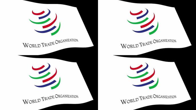 WTO(世界贸易组织)旗帜在透视中缓慢舞动，4K动画镜头