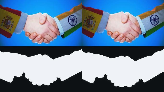 西班牙-印度/握手概念动画国家和政治/与matte频道