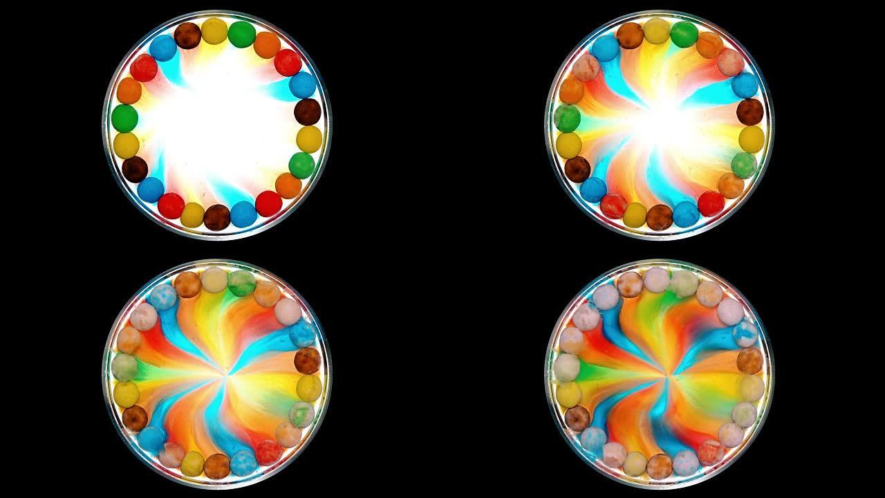 五颜六色的糖果聚集在周围，溶解在一个圆碟中，太阳形成彩虹