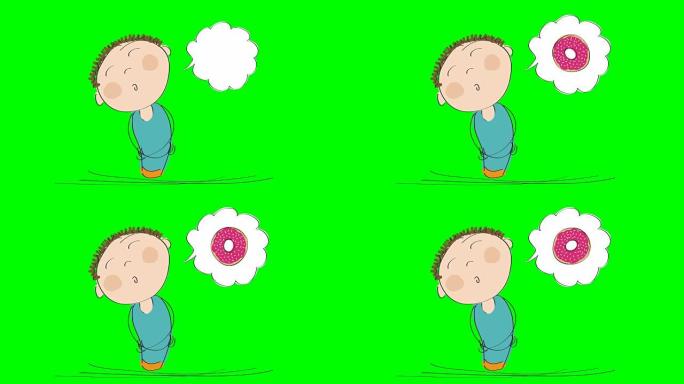 一个饥饿的人的动画思考甜甜圈与粉红色草莓顶部，动画手绘卡通人物，色键绿色屏幕背景。