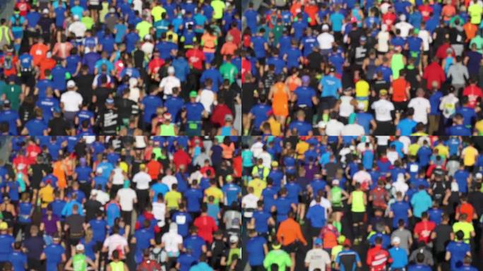 城市马拉松鸟瞰图体育赛事。一群跑步运动员。人们彩色t恤。在热门比赛中挤满跑步者的街道