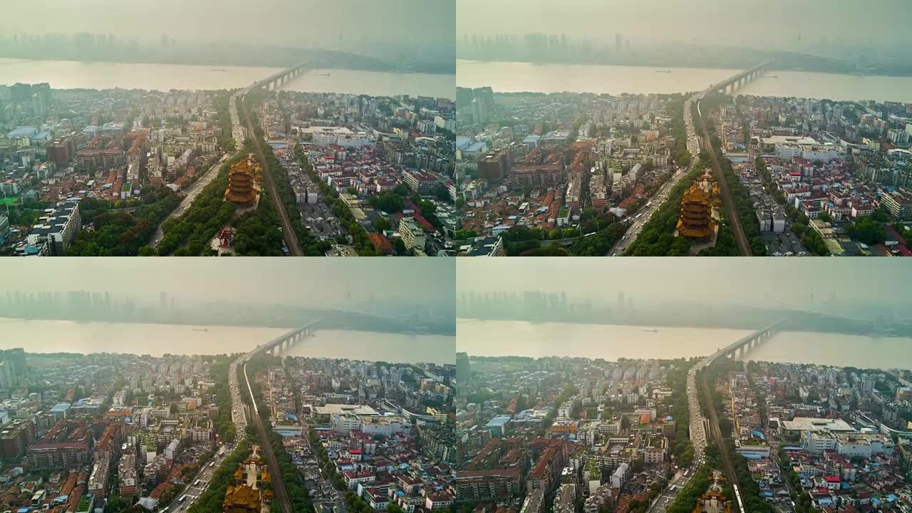 中国日落时间武汉市著名黄鹤交通路河桥空中全景4k时间推移