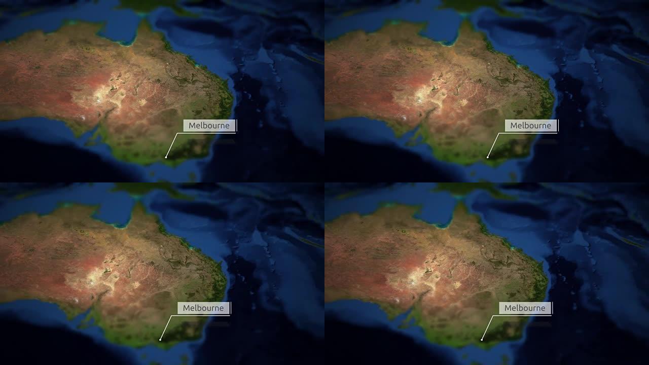相机在带有指示器的澳大利亚地图上平移-墨尔本