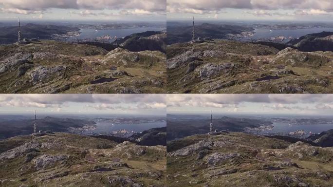 带山峰的天线和挪威卑尔根市的4k鸟瞰图