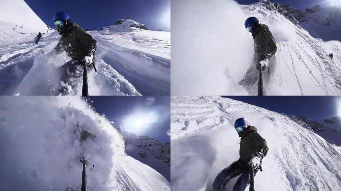 滑雪者在视频片段的结尾产生了巨大的波浪
