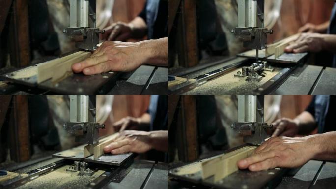 Luthier forms a billiard cue running on a band saw