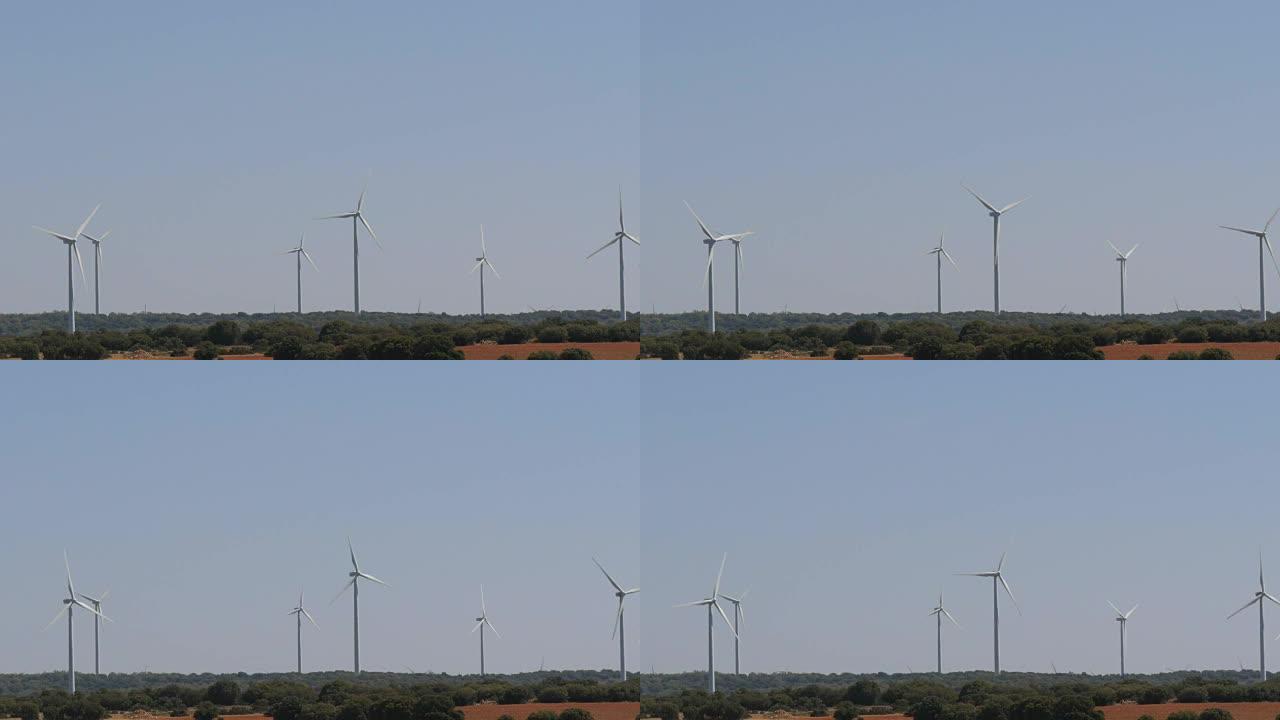 风车动力技术，绿色技术，清洁和可再生能源解决方案，美丽的风车涡轮机利用西班牙领域的清洁，绿色，风能