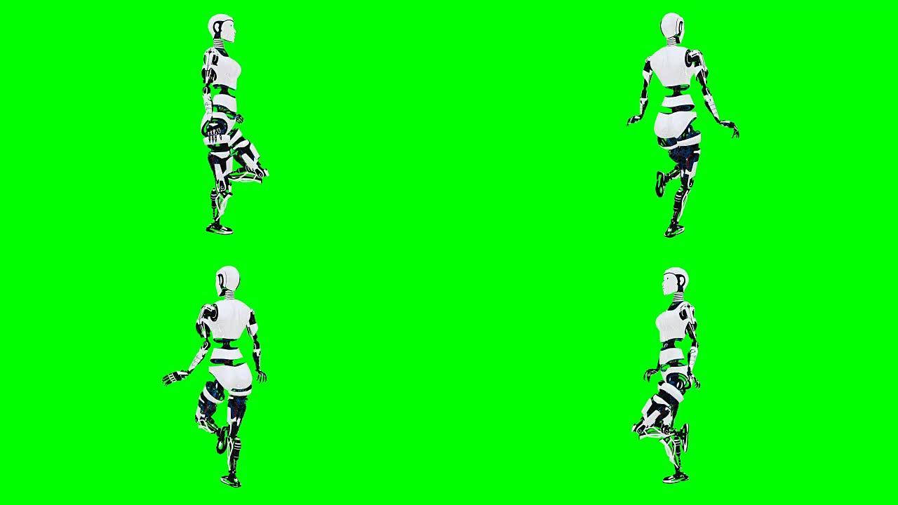 性感机器人安卓女人走路。科幻时尚机器人女孩。可爱的机器人女人。CG动画。绿屏