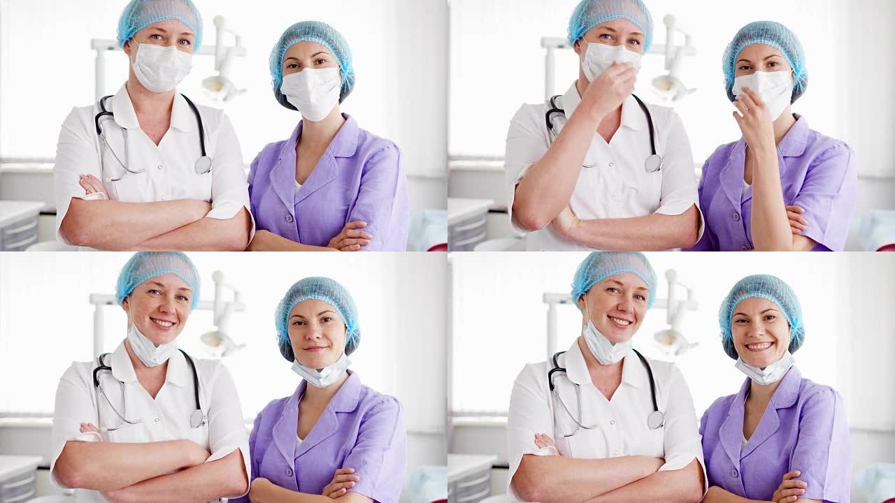 两名职业女医生站在病房的肖像。医生用听诊器
