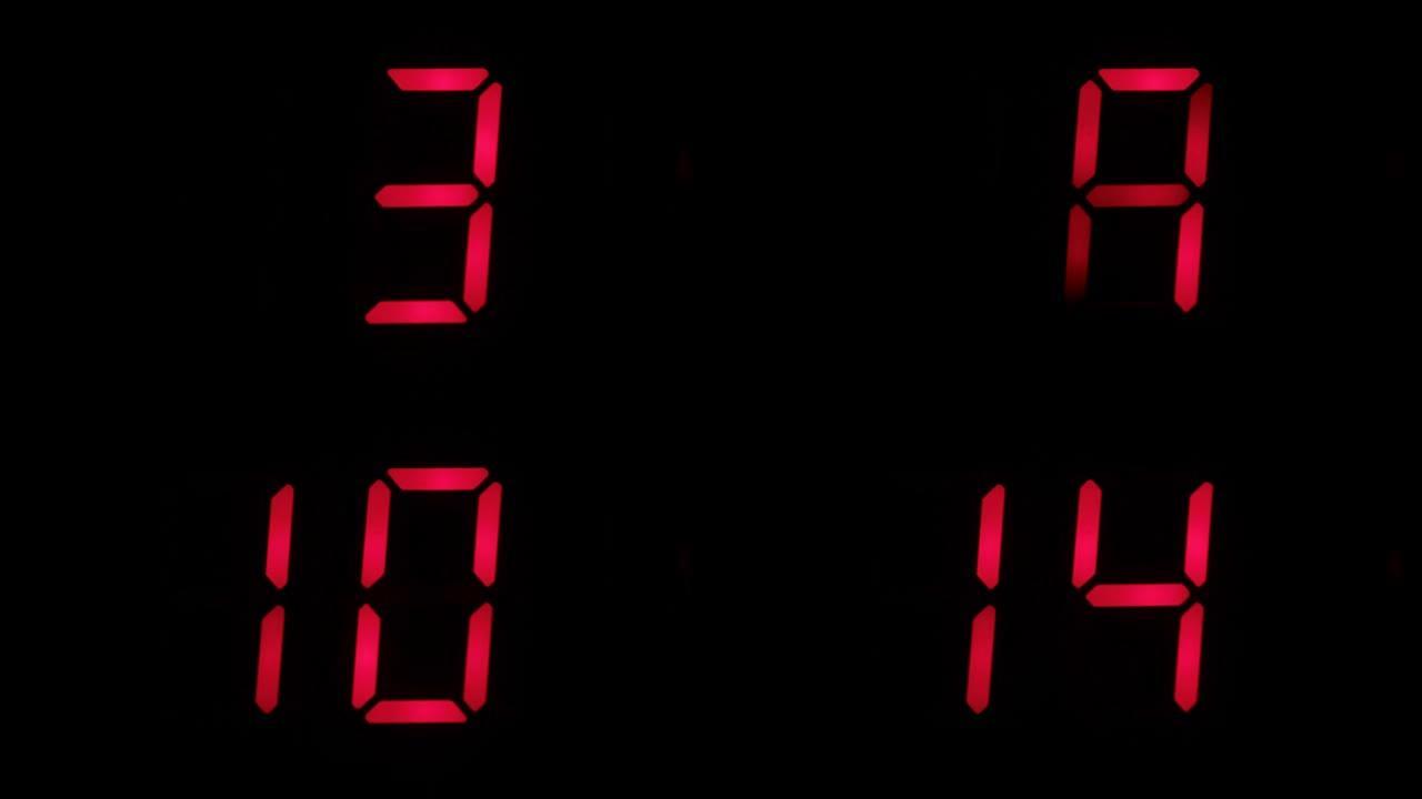 数字时钟从零到十六倒计时。黑色背景上红色的数字定时器