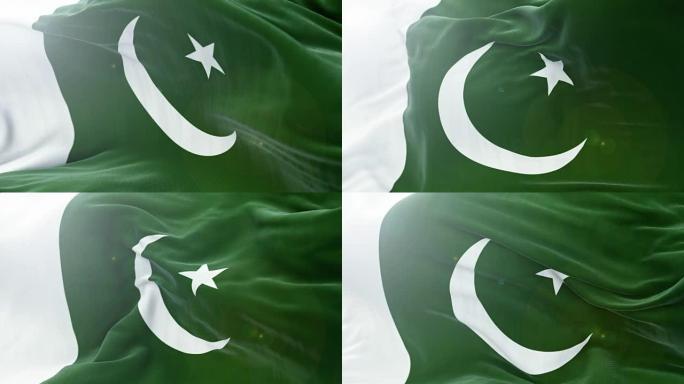 巴基斯坦国旗缓缓飘扬的背景。4k近距离展示旗帜。无缝循环