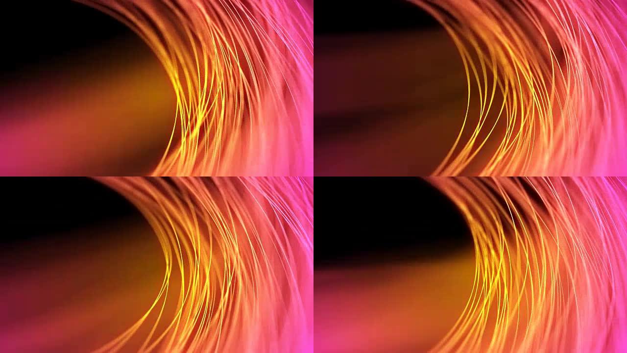 抽象动线照明图案粉色和黄色渐变颜色圆形形状，光纤网络概念设计在黑暗背景中发光，无缝循环动画4k带复制