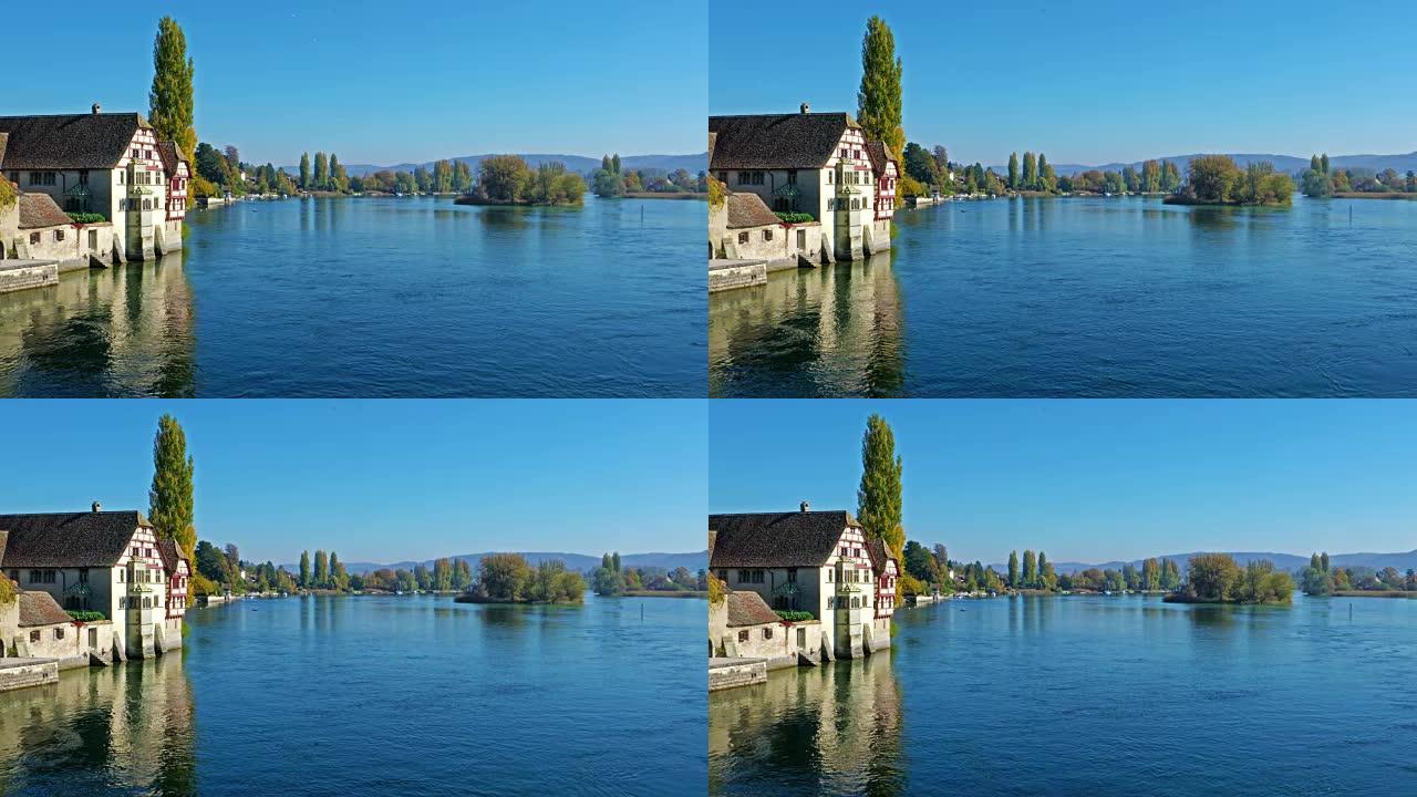 莱茵河畔有老房子的莱茵河河岸，瑞士莱茵河畔斯坦