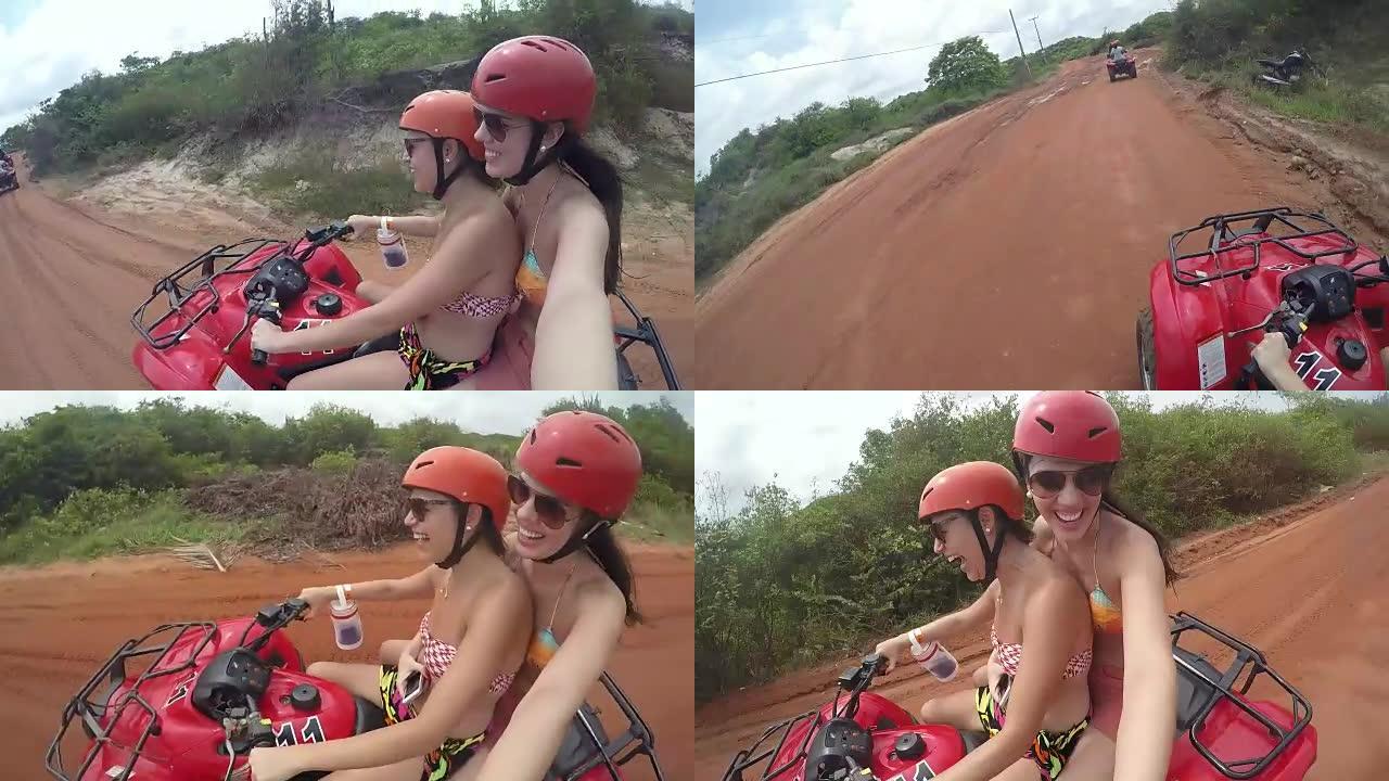 在巴西北里奥格兰德的纳塔尔的马车里玩得开心的女孩