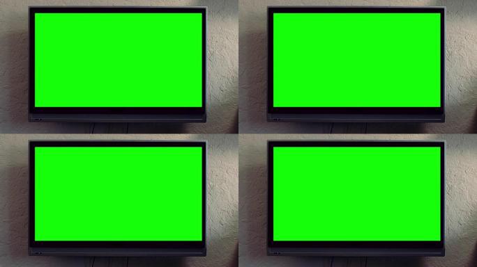纯平电视与绿屏合成。电视或电视-绿屏-房间-在墙上。现代客厅带轨道绿屏的液晶电视
