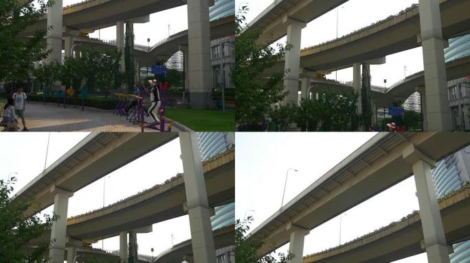 晴天上海运动场交通路口全景4k中国
