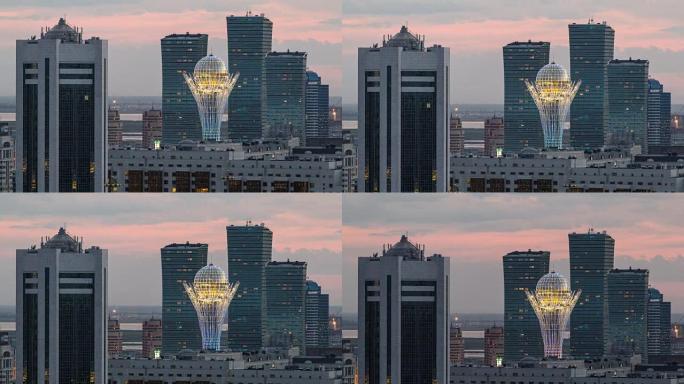 阿斯塔纳，哈萨克斯坦Timelapse，城市中心和中央商务区的高架夜景