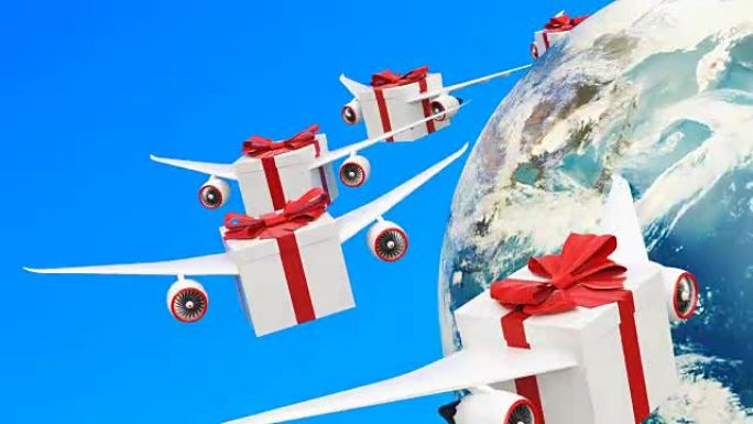 带有翅膀的礼品盒在地球周围的天空中飞翔。全球礼品递送概念，3D渲染