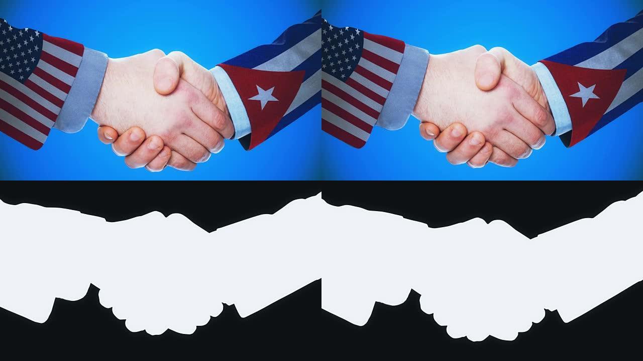 美国-古巴/握手概念动画国家和政治/与matte频道