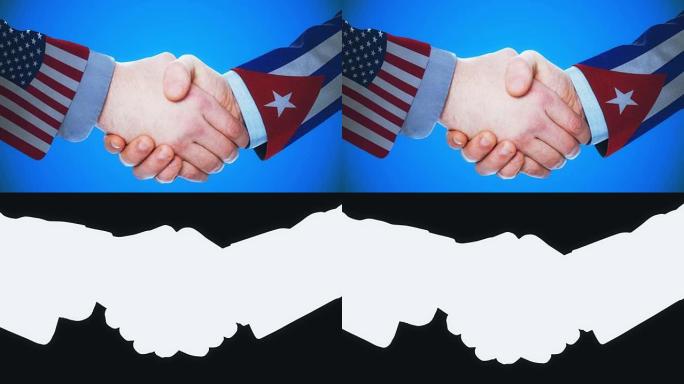 美国-古巴/握手概念动画国家和政治/与matte频道