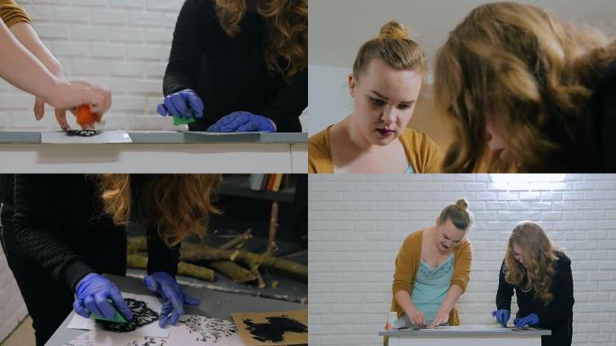 4枪。两位女性装饰师，设计师画木圈装饰