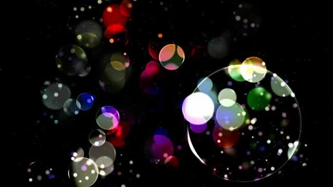 彩色玻璃透明球在小点抽象运动的背景下闪烁，移动和消失。用于演示、视频、广告的循环背景高清