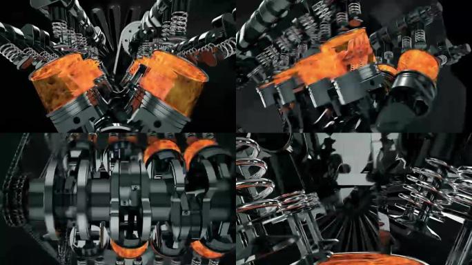 高速工作的V8引擎动画-不同的摄像机角度