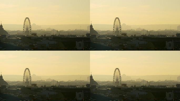 法国日落巴黎著名的老佛爷画廊屋顶城市景观摩天轮全景4k