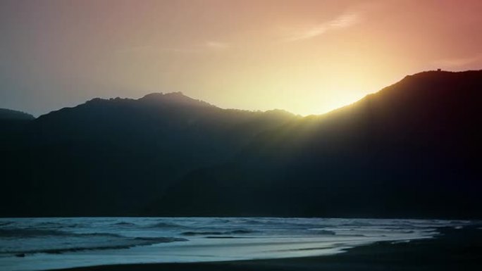日落、山、海
