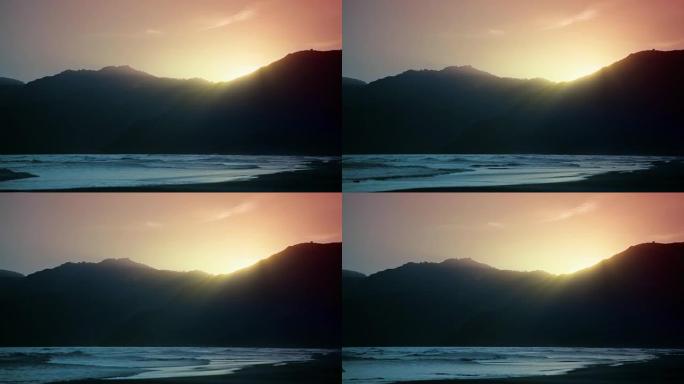 日落、山、海