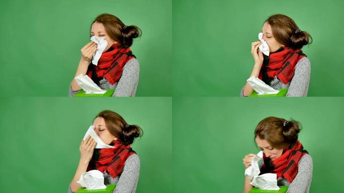 黑发女人把鼻子吹成餐巾纸。这个女孩过敏。过敏性鼻炎，过敏性鼻炎的症状和治疗。花粉病