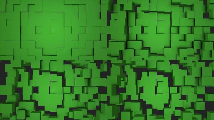 彩色立方体移动无缝循环。无缝循环抽象立方体背景。几何块墙移动背景。绿色立方体