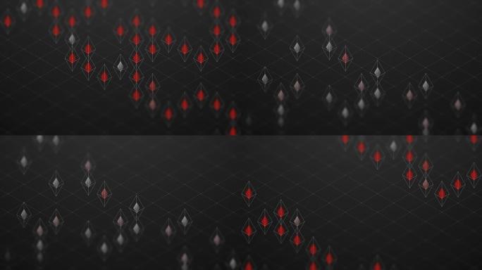 抽象3D等距虚拟线框八面体和红色核心，带有方形网格图案插图，黑色背景上的区块链技术概念设计，无缝循环