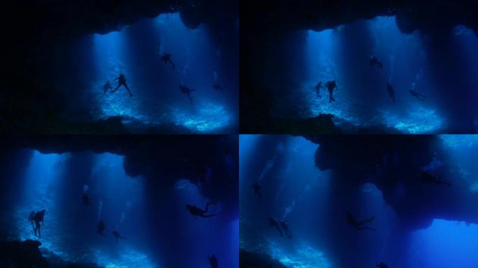 帕劳蓝洞黑暗洞穴中的水肺潜水
