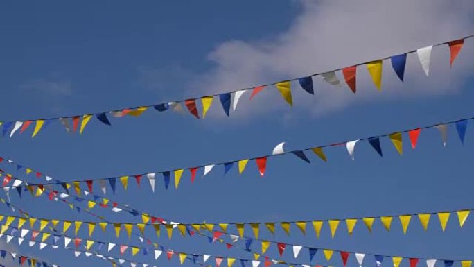 彩色三角形旗帜，用于在蓝天背景上随风挥舞的派对。背景板，色键视频背景