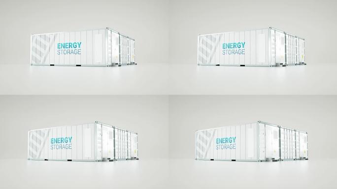 由工业运输集装箱制成的高容量电池储能设施。3d渲染。