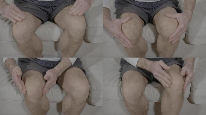 老年人腿骨关节炎的特写做自我放松按摩减轻膝盖僵硬
