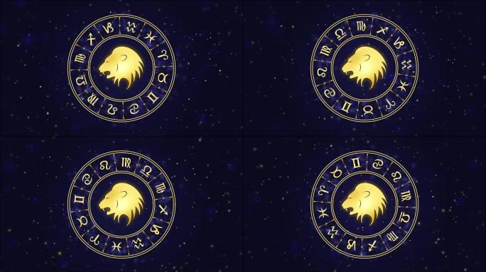 黄道星座狮子座和深蓝色背景上的星座轮