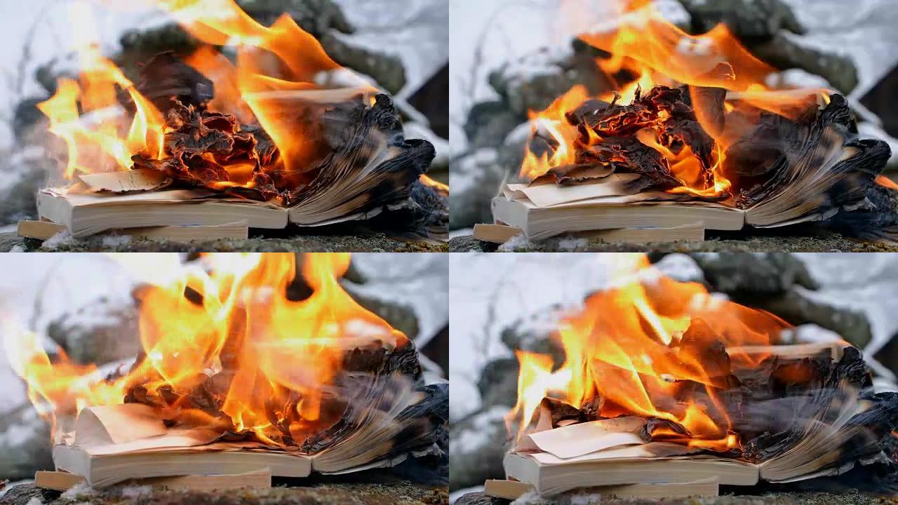 在石头和雪的背景下焚烧书籍