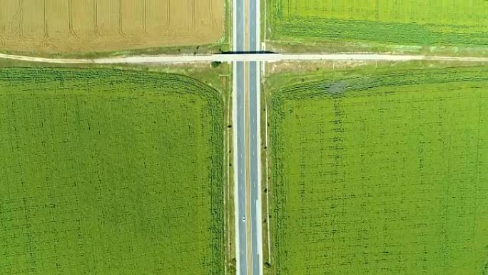 鸟瞰图无人机俯视在高速公路交通和农业领域上空飞行