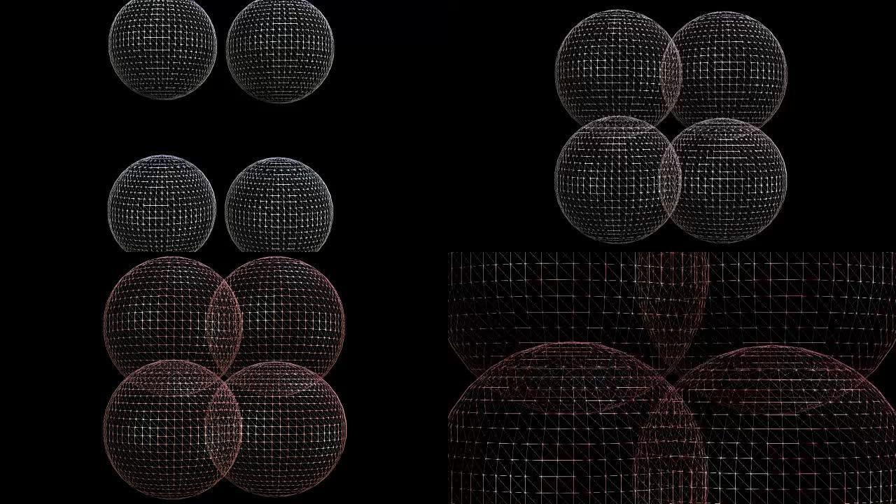 抽象视频背景，四个3d线框球体在黑色区域移动，改变颜色，缩放