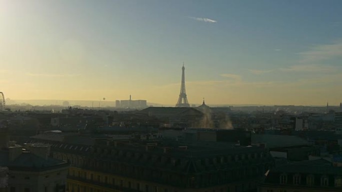 法国巴黎城市阳光著名的画廊老佛爷屋顶城市景观全景4k