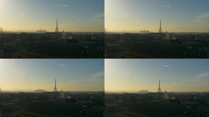 法国巴黎城市阳光著名的画廊老佛爷屋顶城市景观全景4k